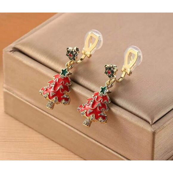 Clip on 1 1/4" gold, green and red multi colored Christmas Tree earrings - Picture 1 of 4